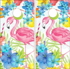 Flamingo Tropical Flowers Cornhole Wraps - Set Of 2