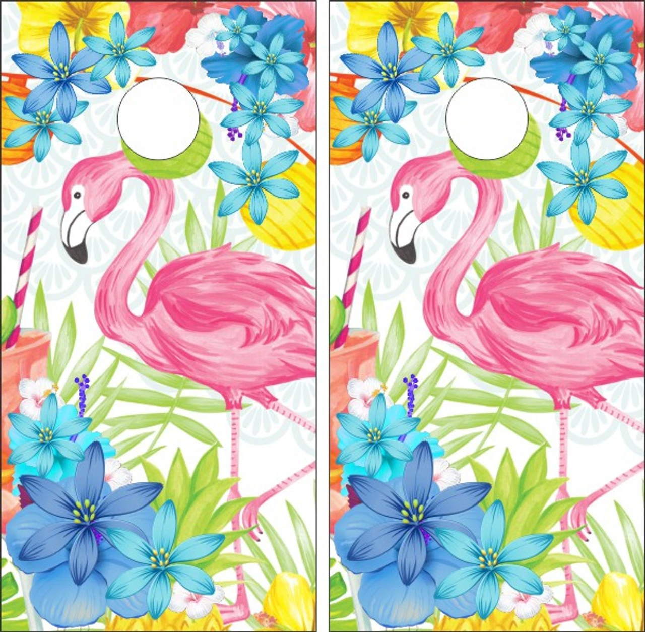 Flamingo Tropical Flowers Cornhole Wraps - Set Of 2 3 Flamingo Tropical Flowers Cornhole Wraps - Set Of 2