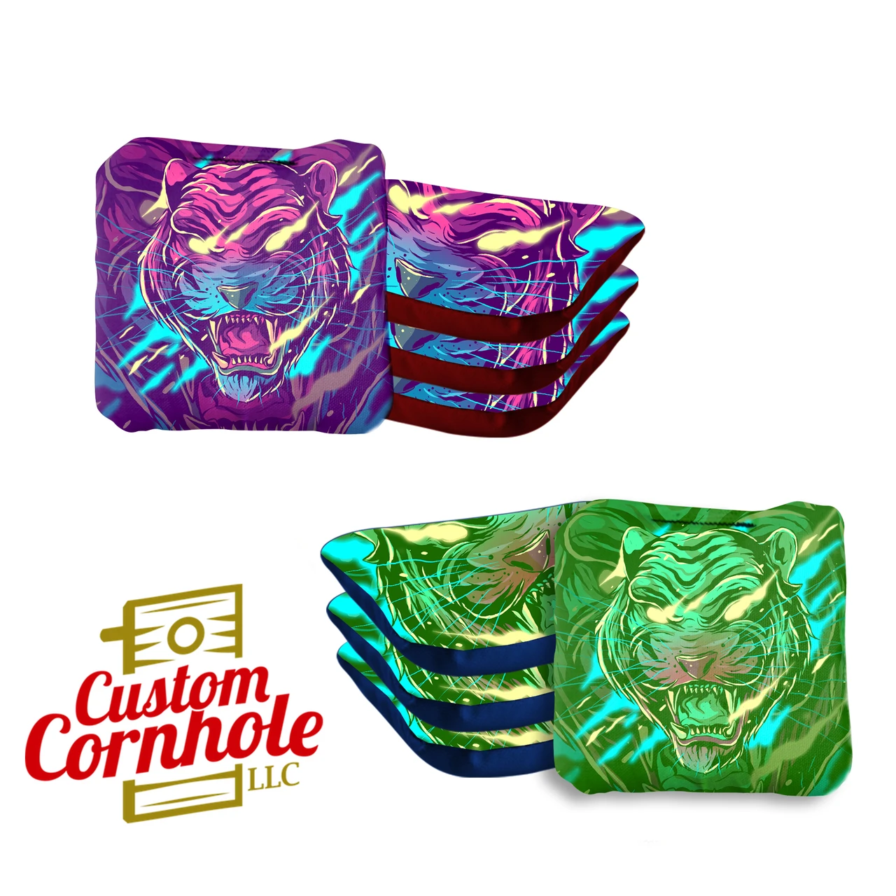 Purple Green Tiger Professional Cornhole Bags - Set Of 8 3 Purple Green Tiger Professional Cornhole Bags - Set Of 8