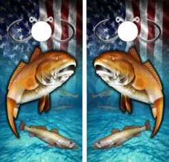 Redfish Speckled Trout Rock Flag Cornhole Wraps - Set Of 2