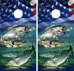 Striped Bass Rock Fish And Trout With Flag Cornhole Wraps - Set Of 2