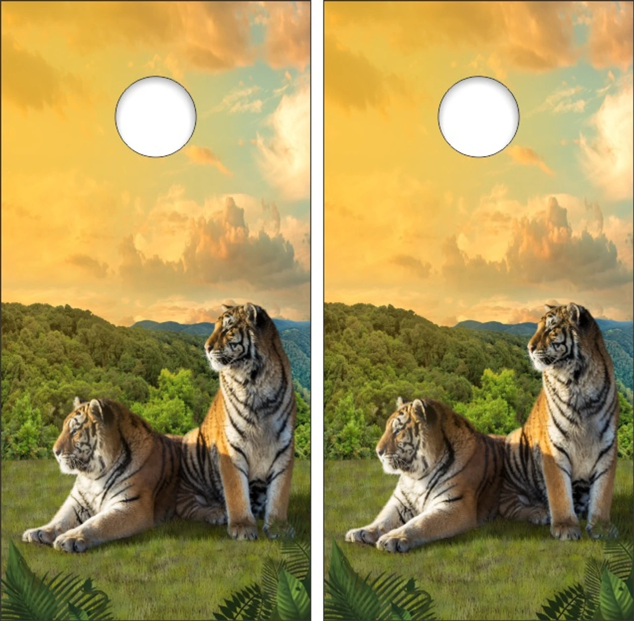 Tigers In Sunset Cornhole Wraps - Set Of 2 3 Tigers In Sunset Cornhole Wraps - Set Of 2